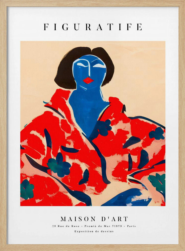 A vintage-style art exhibition poster with 'FIGURATIFE' at the top. The central artwork is an abstract portrait of a woman with a blue face and black hair, wearing a bold red floral patterned robe against a beige background. Below, text reads 'MAISON D'ART' and gives exhibition details. Artwork