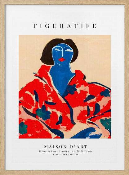 A vintage-style art exhibition poster with 'FIGURATIFE' at the top. The central artwork is an abstract portrait of a woman with a blue face and black hair, wearing a bold red floral patterned robe against a beige background. Below, text reads 'MAISON D'ART' and gives exhibition details. Artwork