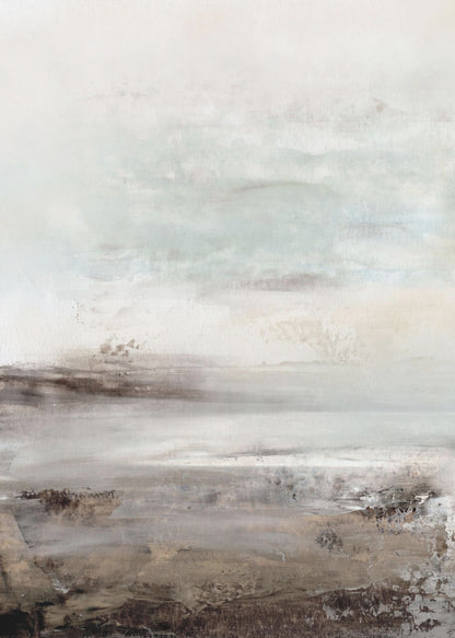 A vertical abstract painting in a thin black frame, featuring a muted and serene color palette. The composition resembles a misty landscape, with a light, off-white and pale blue-gray sky transitioning into a textured foreground of beige, brown, and taupe horizontal brushstrokes. Poster