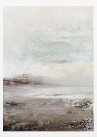 A vertical abstract painting in a thin black frame, featuring a muted and serene color palette. The composition resembles a misty landscape, with a light, off-white and pale blue-gray sky transitioning into a textured foreground of beige, brown, and taupe horizontal brushstrokes. Poster