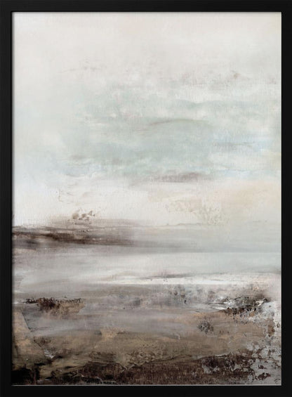 A vertical abstract painting in a thin black frame, featuring a muted and serene color palette. The composition resembles a misty landscape, with a light, off-white and pale blue-gray sky transitioning into a textured foreground of beige, brown, and taupe horizontal brushstrokes. Poster