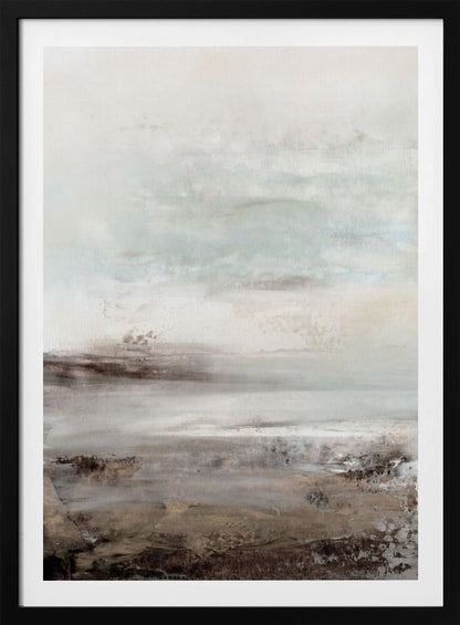 A vertical abstract painting in a thin black frame, featuring a muted and serene color palette. The composition resembles a misty landscape, with a light, off-white and pale blue-gray sky transitioning into a textured foreground of beige, brown, and taupe horizontal brushstrokes. Poster