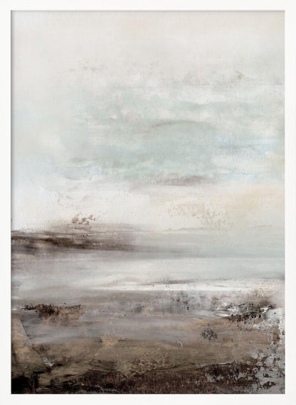 A vertical abstract painting in a thin black frame, featuring a muted and serene color palette. The composition resembles a misty landscape, with a light, off-white and pale blue-gray sky transitioning into a textured foreground of beige, brown, and taupe horizontal brushstrokes. Poster