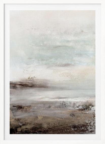 A vertical abstract painting in a thin black frame, featuring a muted and serene color palette. The composition resembles a misty landscape, with a light, off-white and pale blue-gray sky transitioning into a textured foreground of beige, brown, and taupe horizontal brushstrokes. Poster