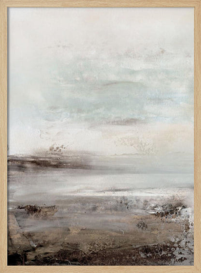 A vertical abstract painting in a thin black frame, featuring a muted and serene color palette. The composition resembles a misty landscape, with a light, off-white and pale blue-gray sky transitioning into a textured foreground of beige, brown, and taupe horizontal brushstrokes. Poster