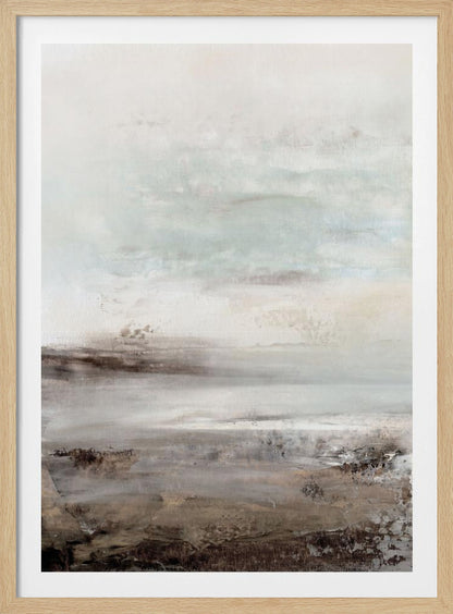 A vertical abstract painting in a thin black frame, featuring a muted and serene color palette. The composition resembles a misty landscape, with a light, off-white and pale blue-gray sky transitioning into a textured foreground of beige, brown, and taupe horizontal brushstrokes. Poster