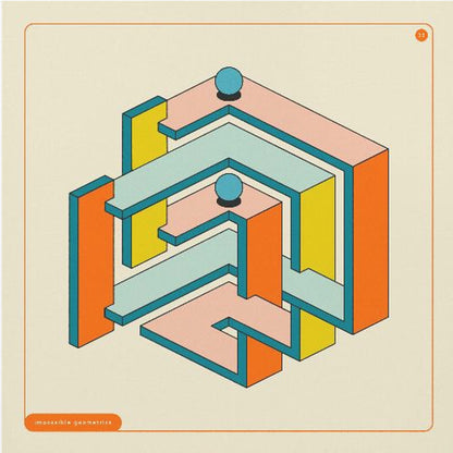 A framed artwork of an impossible geometric structure in a retro color palette. The maze-like object features orange, yellow, pink, and light blue surfaces with dark teal outlines, all on an off-white background. Two blue spheres rest on different levels of the structure. Wall Art
