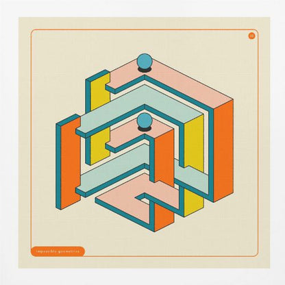 A framed artwork of an impossible geometric structure in a retro color palette. The maze-like object features orange, yellow, pink, and light blue surfaces with dark teal outlines, all on an off-white background. Two blue spheres rest on different levels of the structure. Wall Art