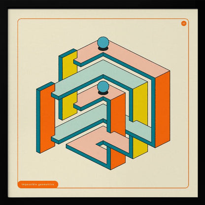 A framed artwork of an impossible geometric structure in a retro color palette. The maze-like object features orange, yellow, pink, and light blue surfaces with dark teal outlines, all on an off-white background. Two blue spheres rest on different levels of the structure. Wall Art