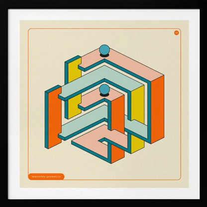 A framed artwork of an impossible geometric structure in a retro color palette. The maze-like object features orange, yellow, pink, and light blue surfaces with dark teal outlines, all on an off-white background. Two blue spheres rest on different levels of the structure. Wall Art