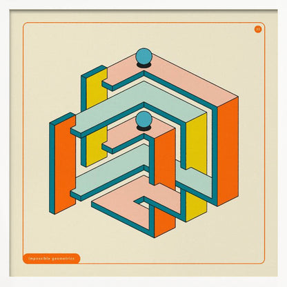 A framed artwork of an impossible geometric structure in a retro color palette. The maze-like object features orange, yellow, pink, and light blue surfaces with dark teal outlines, all on an off-white background. Two blue spheres rest on different levels of the structure. Wall Art