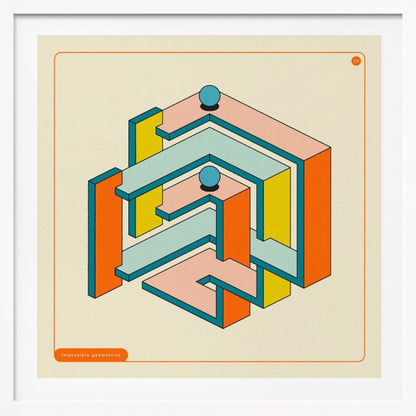 A framed artwork of an impossible geometric structure in a retro color palette. The maze-like object features orange, yellow, pink, and light blue surfaces with dark teal outlines, all on an off-white background. Two blue spheres rest on different levels of the structure. Wall Art