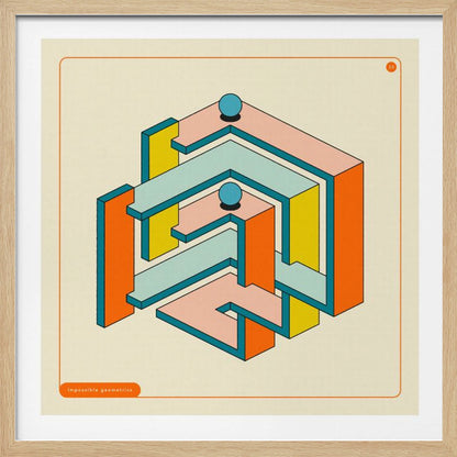 A framed artwork of an impossible geometric structure in a retro color palette. The maze-like object features orange, yellow, pink, and light blue surfaces with dark teal outlines, all on an off-white background. Two blue spheres rest on different levels of the structure. Wall Art