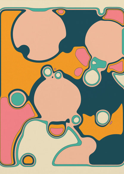 A retro-style abstract artwork featuring organic, rounded shapes in shades of pink, cream, orange, and teal. The shapes are outlined in contrasting colors and overlap against a textured orange background, creating a groovy, 70s-inspired psychedelic design framed in black. Decor