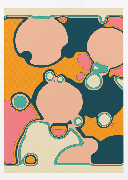 A retro-style abstract artwork featuring organic, rounded shapes in shades of pink, cream, orange, and teal. The shapes are outlined in contrasting colors and overlap against a textured orange background, creating a groovy, 70s-inspired psychedelic design framed in black. Decor