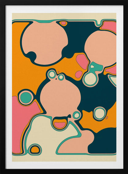 A retro-style abstract artwork featuring organic, rounded shapes in shades of pink, cream, orange, and teal. The shapes are outlined in contrasting colors and overlap against a textured orange background, creating a groovy, 70s-inspired psychedelic design framed in black. Decor