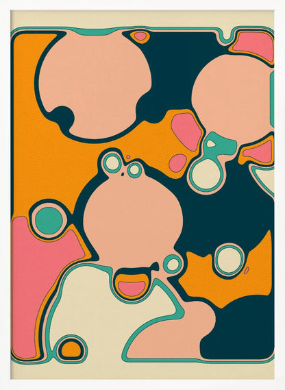 A retro-style abstract artwork featuring organic, rounded shapes in shades of pink, cream, orange, and teal. The shapes are outlined in contrasting colors and overlap against a textured orange background, creating a groovy, 70s-inspired psychedelic design framed in black. Decor