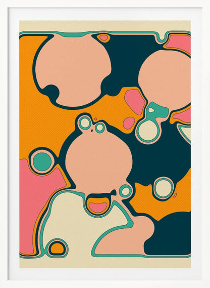 A retro-style abstract artwork featuring organic, rounded shapes in shades of pink, cream, orange, and teal. The shapes are outlined in contrasting colors and overlap against a textured orange background, creating a groovy, 70s-inspired psychedelic design framed in black. Decor