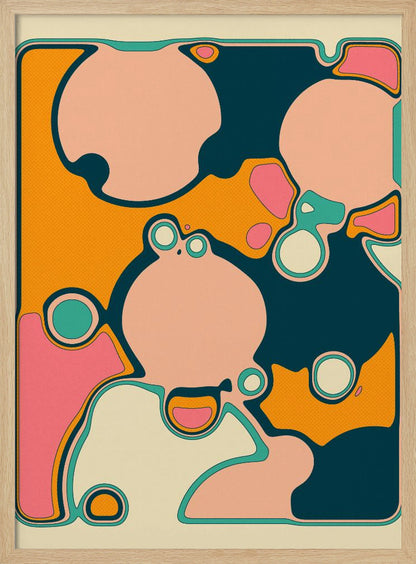 A retro-style abstract artwork featuring organic, rounded shapes in shades of pink, cream, orange, and teal. The shapes are outlined in contrasting colors and overlap against a textured orange background, creating a groovy, 70s-inspired psychedelic design framed in black. Decor
