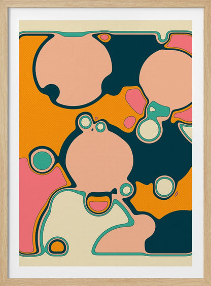 A retro-style abstract artwork featuring organic, rounded shapes in shades of pink, cream, orange, and teal. The shapes are outlined in contrasting colors and overlap against a textured orange background, creating a groovy, 70s-inspired psychedelic design framed in black. Decor
