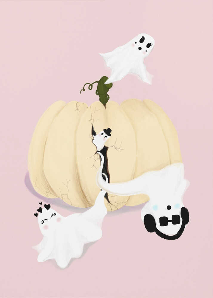 A whimsical Halloween illustration featuring a large, cracked, cream-colored pumpkin on a pale pink background, with four cute, cartoonish white ghosts playfully floating around it. One ghost wears a top hat, another a crown of hearts, a third wears headphones, and the last one has long eyelashes. Wall Art