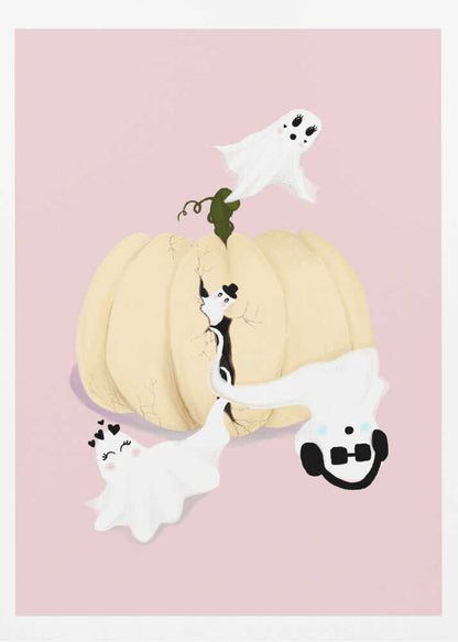 A whimsical Halloween illustration featuring a large, cracked, cream-colored pumpkin on a pale pink background, with four cute, cartoonish white ghosts playfully floating around it. One ghost wears a top hat, another a crown of hearts, a third wears headphones, and the last one has long eyelashes. Wall Art