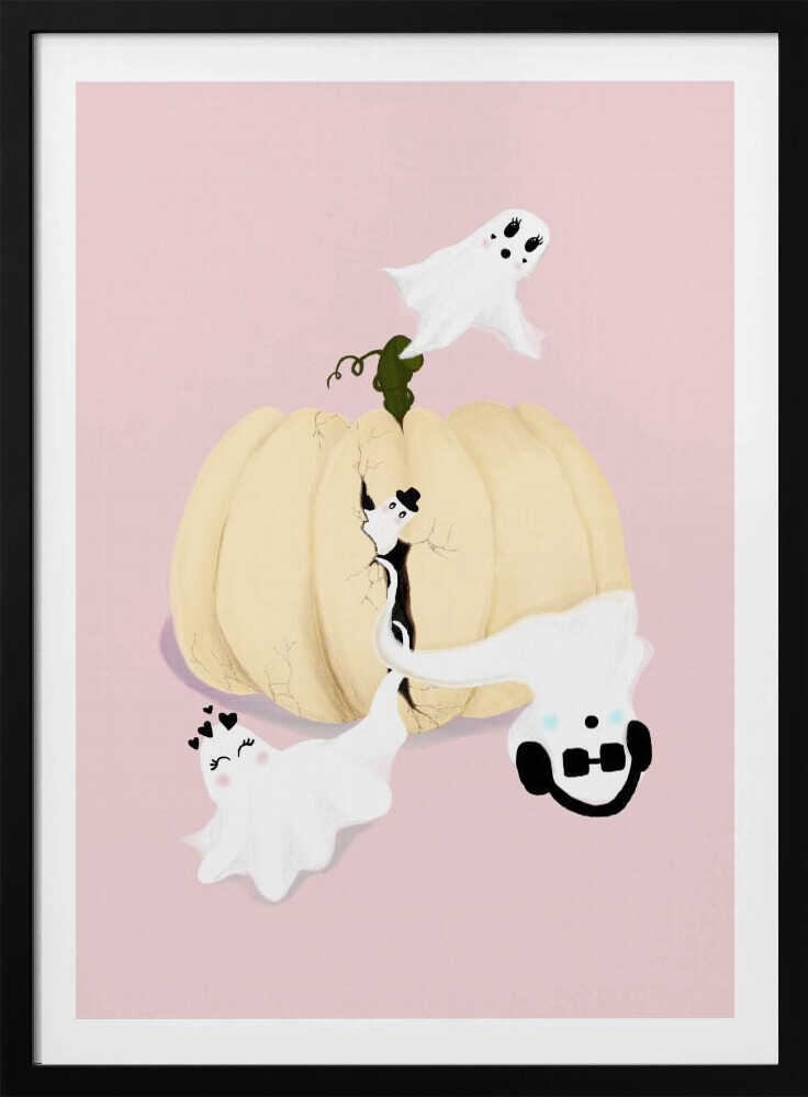 A whimsical Halloween illustration featuring a large, cracked, cream-colored pumpkin on a pale pink background, with four cute, cartoonish white ghosts playfully floating around it. One ghost wears a top hat, another a crown of hearts, a third wears headphones, and the last one has long eyelashes. Wall Art