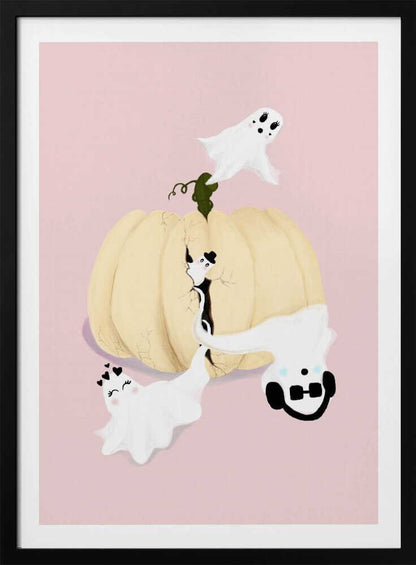 A whimsical Halloween illustration featuring a large, cracked, cream-colored pumpkin on a pale pink background, with four cute, cartoonish white ghosts playfully floating around it. One ghost wears a top hat, another a crown of hearts, a third wears headphones, and the last one has long eyelashes. Wall Art