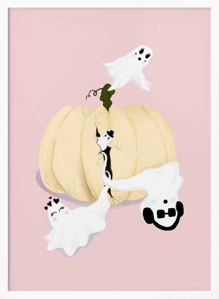 A whimsical Halloween illustration featuring a large, cracked, cream-colored pumpkin on a pale pink background, with four cute, cartoonish white ghosts playfully floating around it. One ghost wears a top hat, another a crown of hearts, a third wears headphones, and the last one has long eyelashes. Wall Art