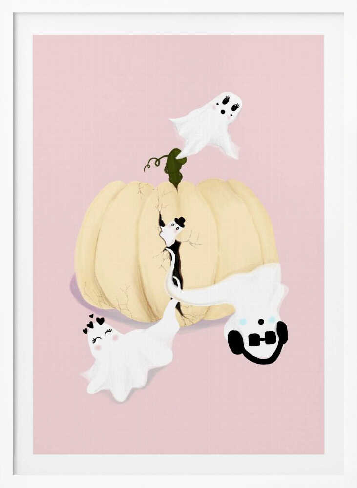 A whimsical Halloween illustration featuring a large, cracked, cream-colored pumpkin on a pale pink background, with four cute, cartoonish white ghosts playfully floating around it. One ghost wears a top hat, another a crown of hearts, a third wears headphones, and the last one has long eyelashes. Wall Art