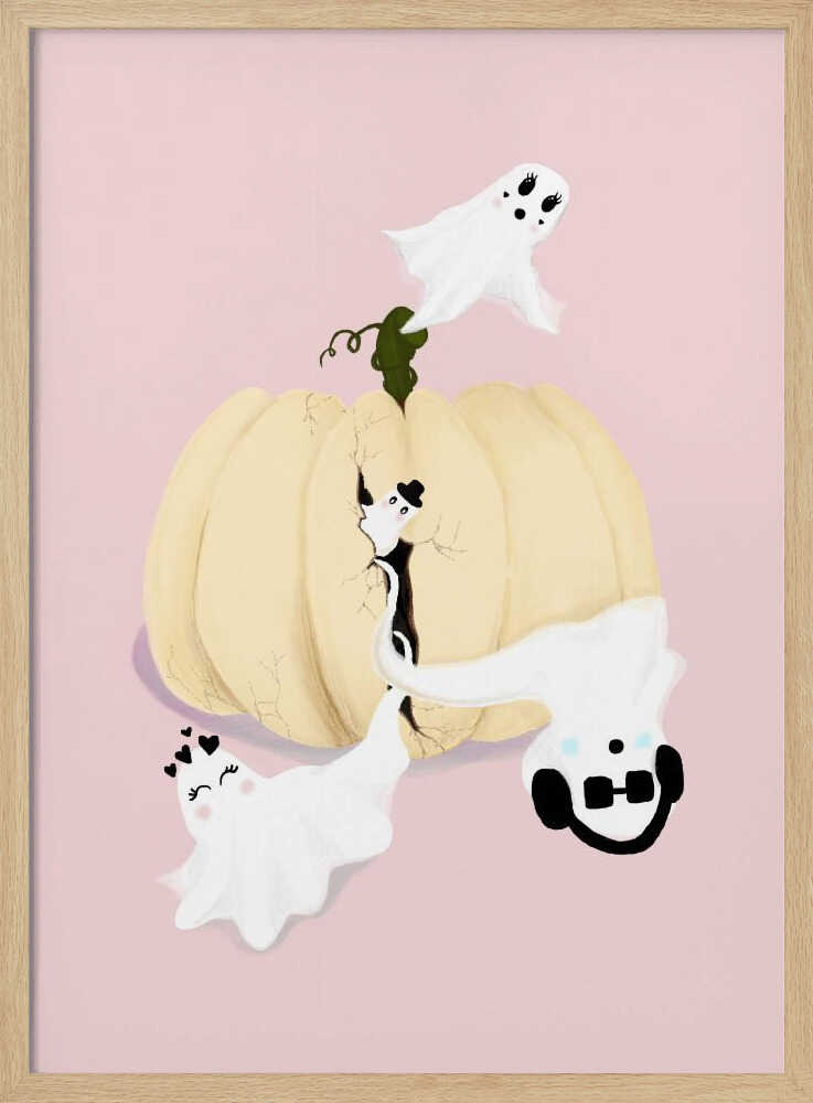 A whimsical Halloween illustration featuring a large, cracked, cream-colored pumpkin on a pale pink background, with four cute, cartoonish white ghosts playfully floating around it. One ghost wears a top hat, another a crown of hearts, a third wears headphones, and the last one has long eyelashes. Wall Art
