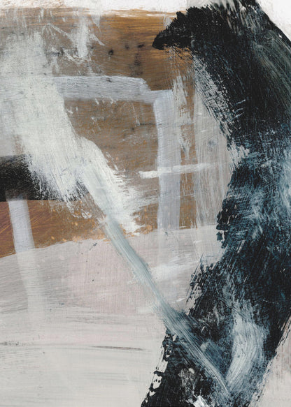 A vertical abstract painting in a black frame, featuring a bold, curved black brushstroke on the right against a layered background of white, grey, and warm brown tones. Expressive white and grey strokes cross the canvas, creating a sense of dynamic texture and depth. Print