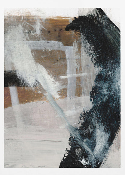 A vertical abstract painting in a black frame, featuring a bold, curved black brushstroke on the right against a layered background of white, grey, and warm brown tones. Expressive white and grey strokes cross the canvas, creating a sense of dynamic texture and depth. Print