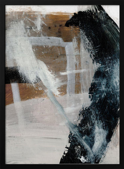 A vertical abstract painting in a black frame, featuring a bold, curved black brushstroke on the right against a layered background of white, grey, and warm brown tones. Expressive white and grey strokes cross the canvas, creating a sense of dynamic texture and depth. Print