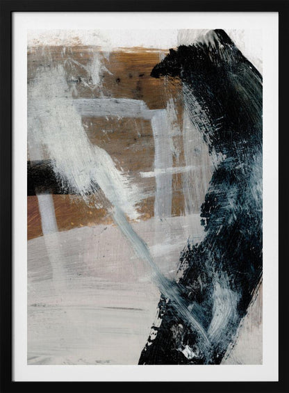 A vertical abstract painting in a black frame, featuring a bold, curved black brushstroke on the right against a layered background of white, grey, and warm brown tones. Expressive white and grey strokes cross the canvas, creating a sense of dynamic texture and depth. Print