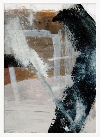 A vertical abstract painting in a black frame, featuring a bold, curved black brushstroke on the right against a layered background of white, grey, and warm brown tones. Expressive white and grey strokes cross the canvas, creating a sense of dynamic texture and depth. Print
