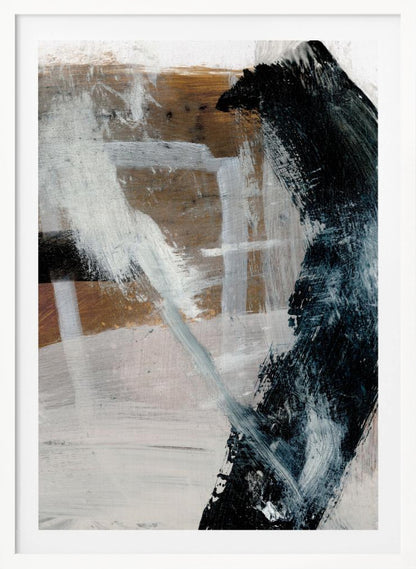 A vertical abstract painting in a black frame, featuring a bold, curved black brushstroke on the right against a layered background of white, grey, and warm brown tones. Expressive white and grey strokes cross the canvas, creating a sense of dynamic texture and depth. Print