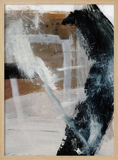 A vertical abstract painting in a black frame, featuring a bold, curved black brushstroke on the right against a layered background of white, grey, and warm brown tones. Expressive white and grey strokes cross the canvas, creating a sense of dynamic texture and depth. Print