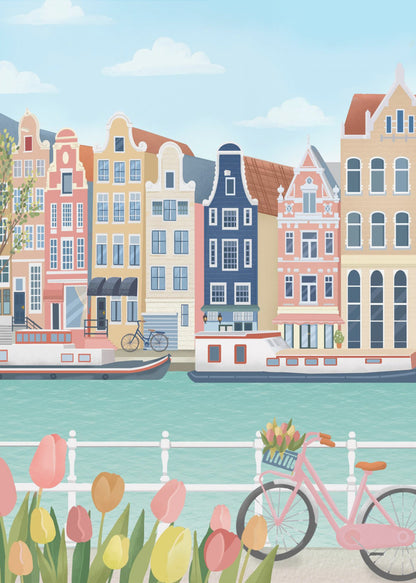 A vibrant illustration of a classic Amsterdam scene, featuring a row of colorful, traditional canal houses next to a turquoise waterway with boats. In the foreground, a pink bicycle with a basket of flowers stands near a bed of pink and yellow tulips. Print