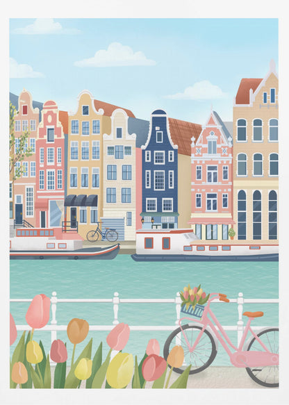 A vibrant illustration of a classic Amsterdam scene, featuring a row of colorful, traditional canal houses next to a turquoise waterway with boats. In the foreground, a pink bicycle with a basket of flowers stands near a bed of pink and yellow tulips. Print