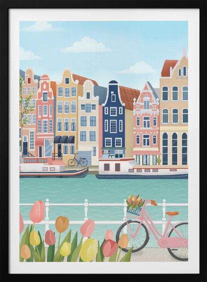 A vibrant illustration of a classic Amsterdam scene, featuring a row of colorful, traditional canal houses next to a turquoise waterway with boats. In the foreground, a pink bicycle with a basket of flowers stands near a bed of pink and yellow tulips. Print