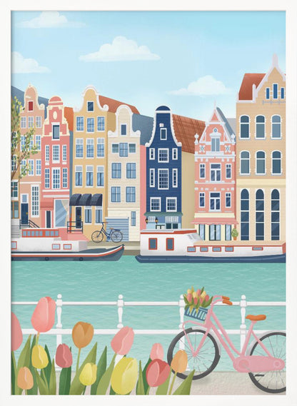 A vibrant illustration of a classic Amsterdam scene, featuring a row of colorful, traditional canal houses next to a turquoise waterway with boats. In the foreground, a pink bicycle with a basket of flowers stands near a bed of pink and yellow tulips. Print