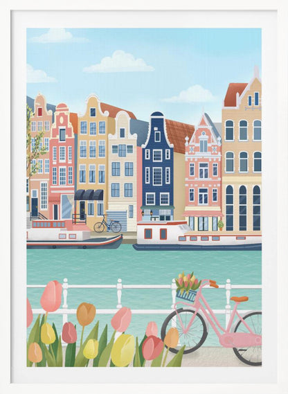 A vibrant illustration of a classic Amsterdam scene, featuring a row of colorful, traditional canal houses next to a turquoise waterway with boats. In the foreground, a pink bicycle with a basket of flowers stands near a bed of pink and yellow tulips. Print
