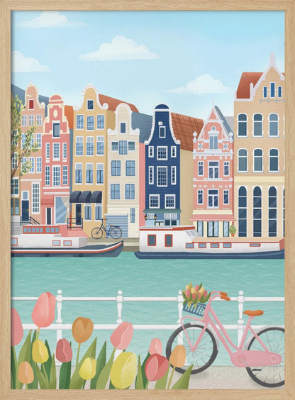 A vibrant illustration of a classic Amsterdam scene, featuring a row of colorful, traditional canal houses next to a turquoise waterway with boats. In the foreground, a pink bicycle with a basket of flowers stands near a bed of pink and yellow tulips. Print