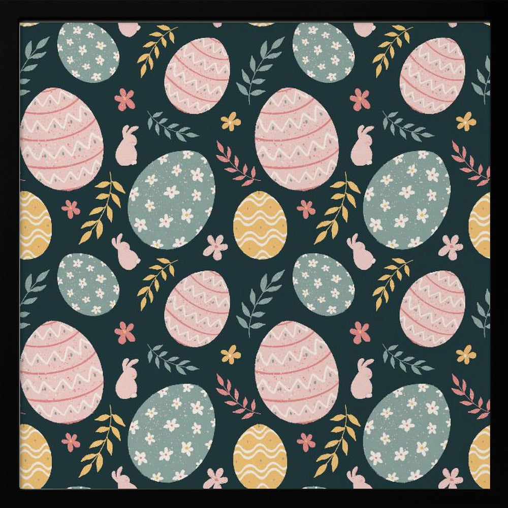 A framed piece of art with a repeating Easter pattern on a dark teal background. The pattern features decorated eggs in pink, light blue, and yellow, alongside small pink bunny silhouettes and colorful sprigs of leaves and flowers. Poster
