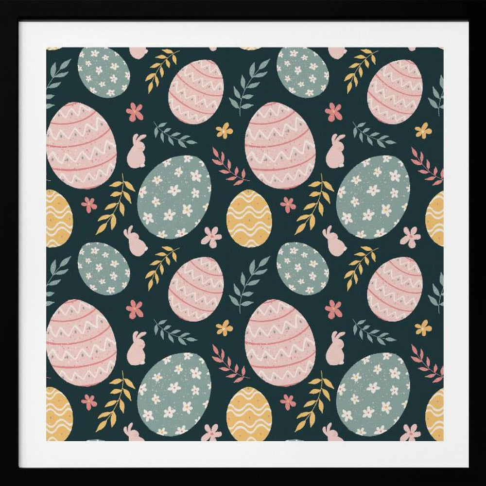 A framed piece of art with a repeating Easter pattern on a dark teal background. The pattern features decorated eggs in pink, light blue, and yellow, alongside small pink bunny silhouettes and colorful sprigs of leaves and flowers. Poster