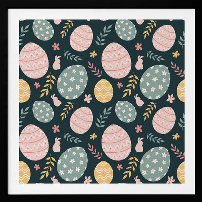 A framed piece of art with a repeating Easter pattern on a dark teal background. The pattern features decorated eggs in pink, light blue, and yellow, alongside small pink bunny silhouettes and colorful sprigs of leaves and flowers. Poster