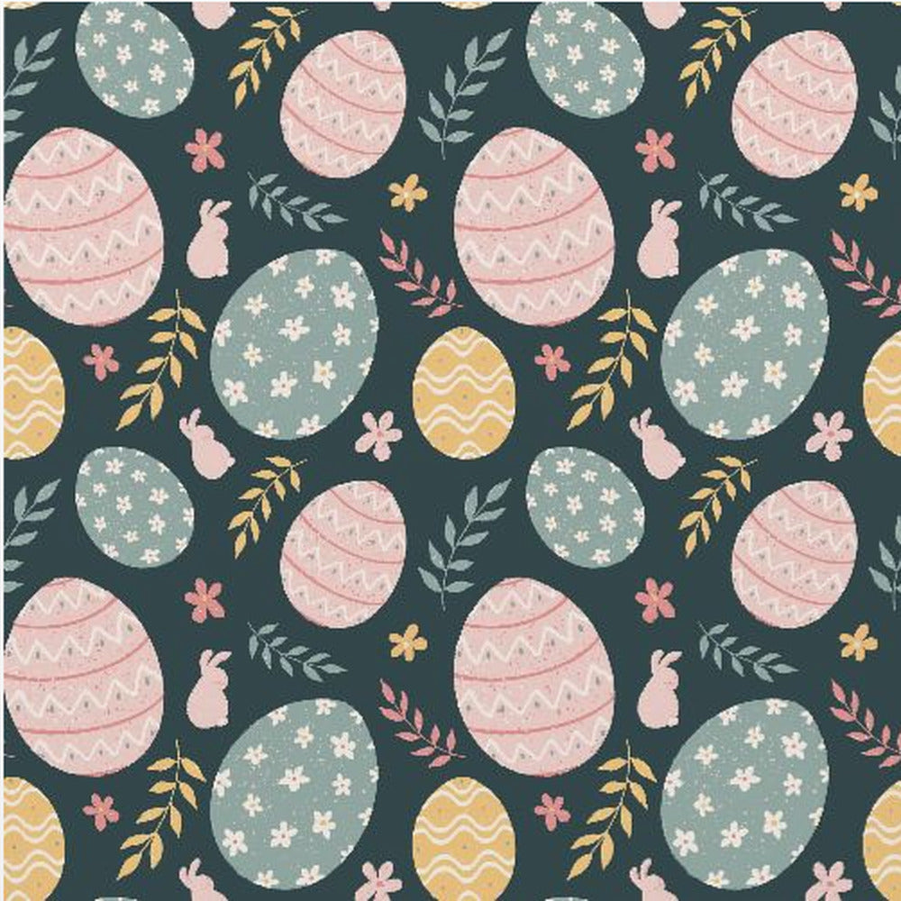 A framed piece of art with a repeating Easter pattern on a dark teal background. The pattern features decorated eggs in pink, light blue, and yellow, alongside small pink bunny silhouettes and colorful sprigs of leaves and flowers. Poster