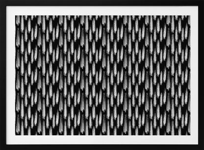 A framed abstract artwork featuring a repeating pattern of textured white vertical brushstrokes on a solid black background, encased in a simple silver frame. Print
