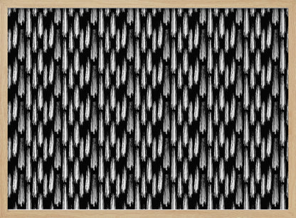 A framed abstract artwork featuring a repeating pattern of textured white vertical brushstrokes on a solid black background, encased in a simple silver frame. Print